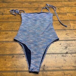 Aerie One Piece Cheeky Swimsuit Blue Textured Knit String Tie XS